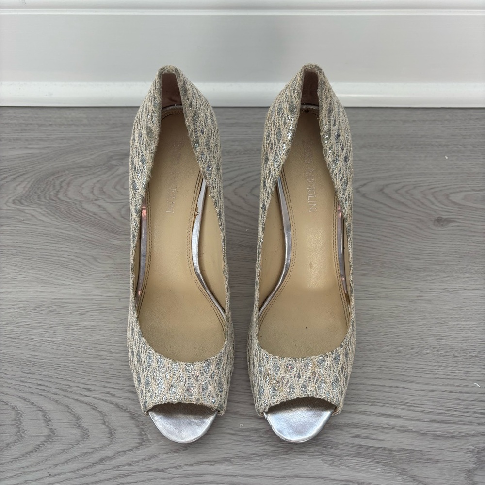 Enzo Angiolini Sparkly Silver Textured Peep-Toe Heels